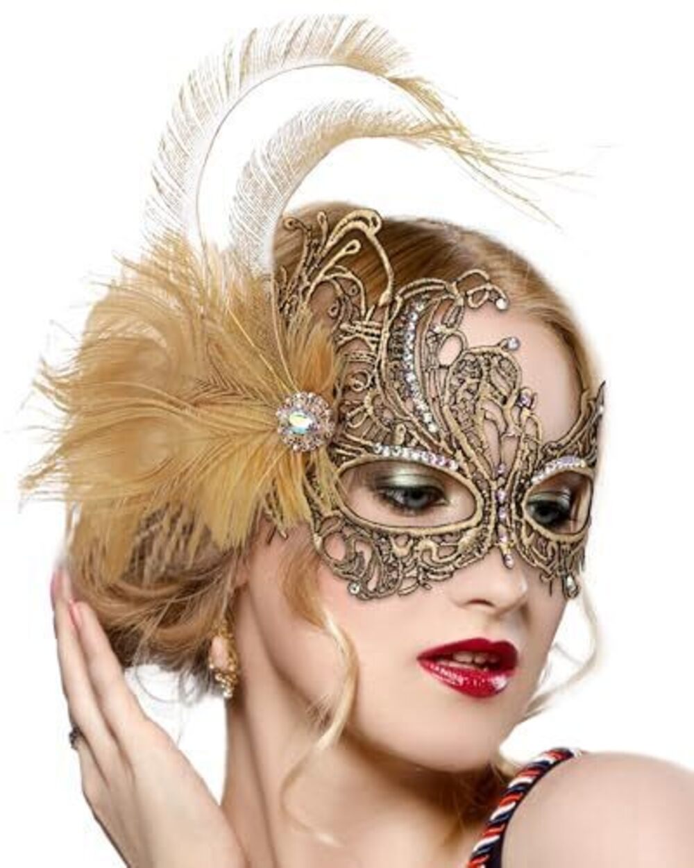 1733 Gold Feather Masquerade Mask - Halloween Lace Eyemask with Removable
